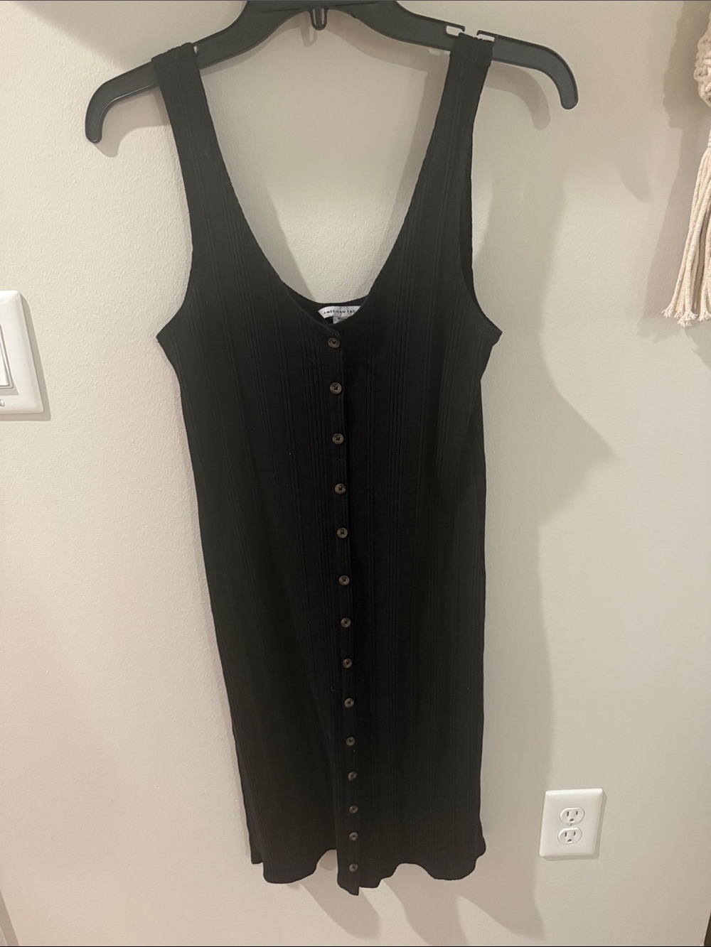 American Eagle Black Ribbed Button-Front Midi Dress